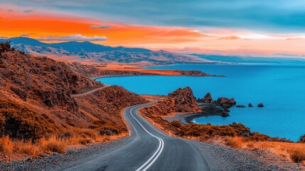 Fototapeta premium Scenic Coastal Highway Winding Through Mountains at Sunset A Breathtaking View of Ocean and Dramatic Landscape