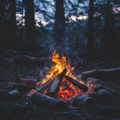 A campfire burning brightly in a dark forest surrounded by rocks and fallen logs at twilight time