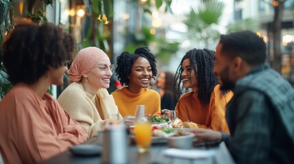 Obraz premium Diverse Group of Friends Enjoying Meal Together in Bright Café