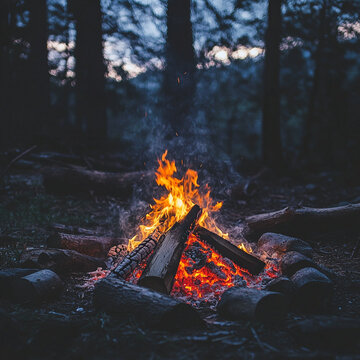 A campfire burning brightly in a dark forest surrounded by rocks and fallen logs at twilight time