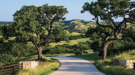 Scenic Country Road Winding Through Rolling Green Hills and Lush Oak Trees