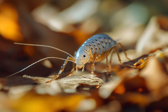 Close-up of a fascinating cave cricket amidst autumnal foliage in nature