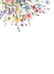 Watercolor wild flowers, floral frame border for greeting card, invitation and other printing design. Isolated on white. Hand drawing.