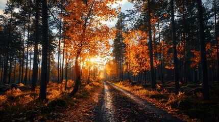 Fototapeta premium Majestic autumn sunset illuminating a scenic forest path with vibrant orange leaves and tall trees