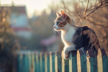 A cat sitting on top of a wooden fence, with a calm and peaceful expression