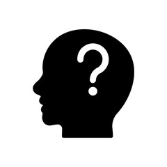 Icon of a human head in black color with a question mark, unknown person or looking for a solution