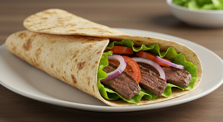 Tasty Beef Wrap with Fresh Vegetables and Tortilla