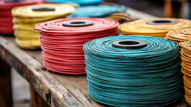 Wire electric cable of different colors on wooden coil or spool isolated on white background. 3d illustration
