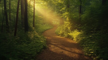 Fototapeta premium A sun-dappled forest path, bathed in golden morning light, winds through dense, verdant trees with deep, rich greens and subtle brown