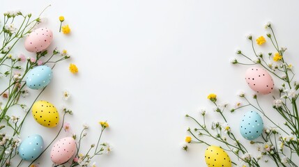 Easter Frame with Colorful Eggs and Spring Greenery 