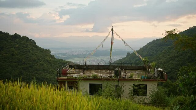Pady Fields and Kathmandu City Sunset, Rural Landscape Scenery in Nepal with Rice Fields Paddies and Paddy Fields Terraces in a Rural Village in Kathmandu Valley with the City Behind