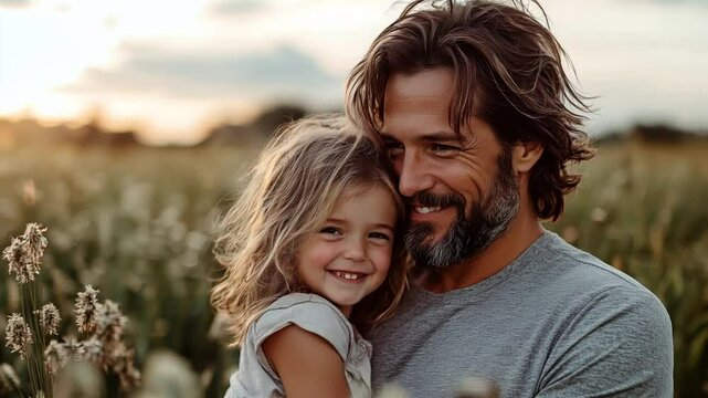 A young daughter hugs her father, sharing a joyful, tender moment in a field during sunset, their smiles full of warmth and love