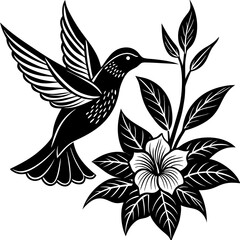 A beautifully detailed black-and-white line art illustration of a hummingbird in mid-flight