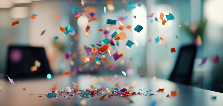 Celebrating happy anniversary at work, this vibrant scene captures joy of business milestone with colorful confetti scattered around