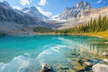 A serene mountain lake surrounded by towering trees and majestic mountains