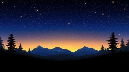 Serene Sunset Mountain Landscape with Starry Night Sky Silhouetted Trees and Peaceful Nature Scene