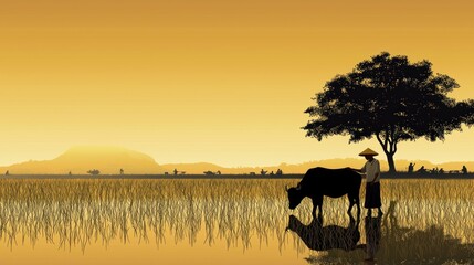 Harvesting rice at dusk farmer and cow in serene field rural landscape tranquil atmosphere artistic view