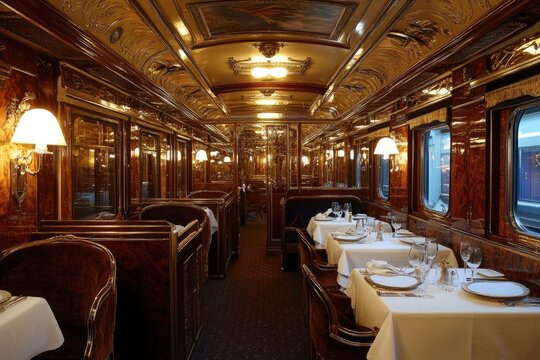 Dining car interior on a train with tables and chairs