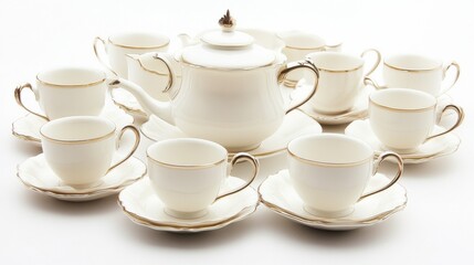 Elegant white tea set with gold trim, cups and teapot on display
