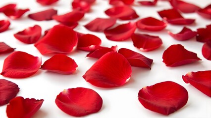 Romantic Red Rose Petals Scattered Elegantly, Isolated on a White Background, symbolizing romance, passion, and elegance, High-Resolution Floral Detail Stock Photo 