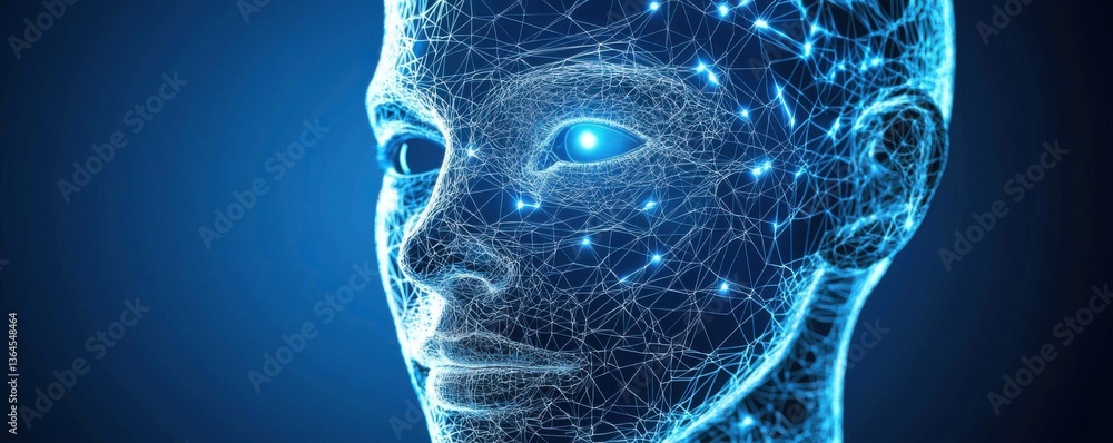 Poster a digital representation of a human face composed of interconnected lines and nodes, symbolizing art
