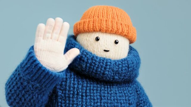 A cute plush knitted figure of a person wearing a blue knitted sweater and an orange hat waves hello with a cheerful expression. The cozy winter outfit adds warmth and charm to the scene.