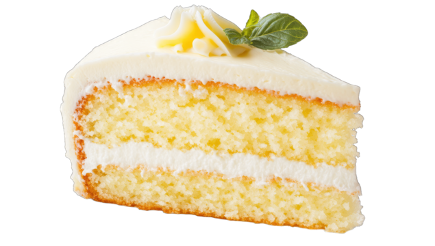 a slice of moist yellow cake with creamy white frosting and a de