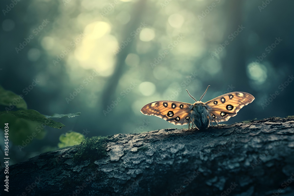 Poster a close-up shot of a beautiful butterfly resting on a mossy tree branch in a serene forest setting w