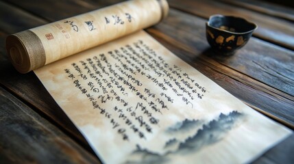 Ancient scroll on wooden table with teacup