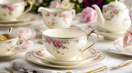 Elegant Vintage Tea Set with Floral Design and Delicate Table Setting