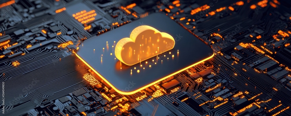 Poster a vibrant digital representation of a cloud storage icon, surrounded by intricate circuitry and glow