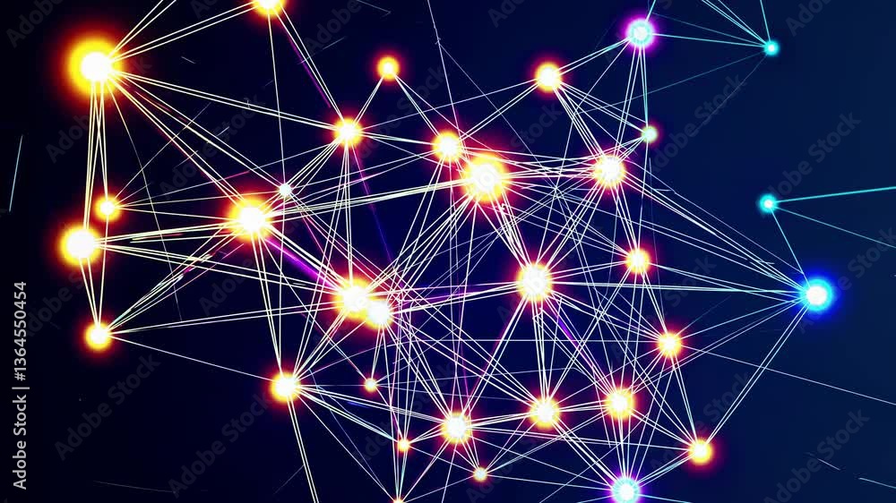 Poster abstract video of interconnected glowing nodes and lines, viewed from a high angle, illustrating a d