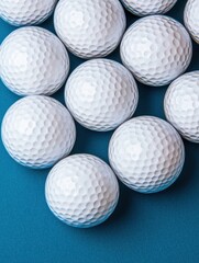 Close-up View of Multiple White Golf Balls on Blue Background