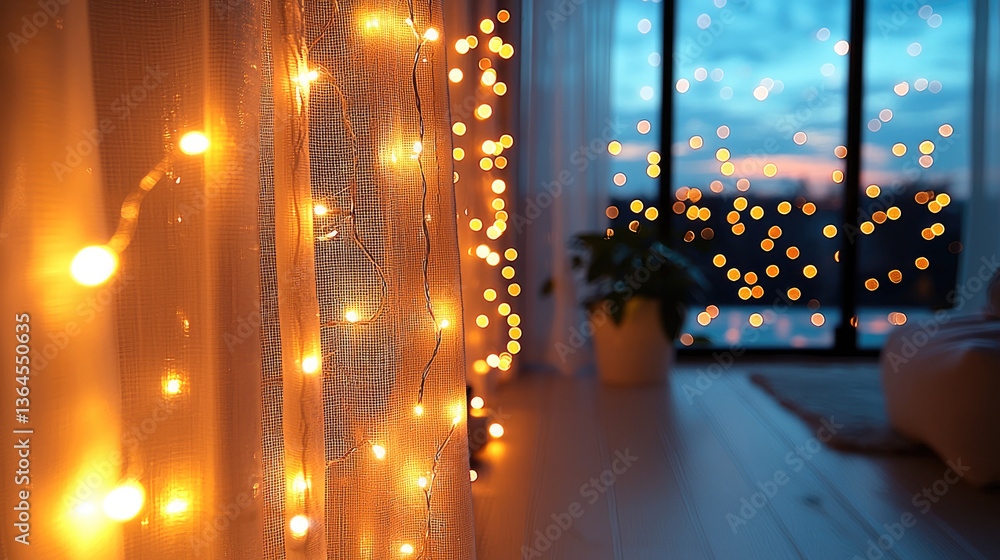 Poster cozy interior scene featuring warm string lights draped over sheer curtains, creating magical atmosp