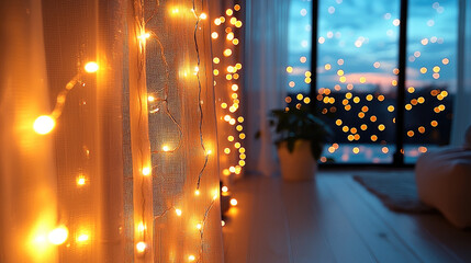 cozy interior scene featuring warm string lights draped over sheer curtains, creating magical atmosphere at night. soft glow enhances tranquil ambiance, inviting relaxation and comfort