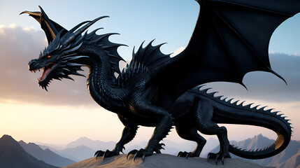 3d render black dragon, fantasy creature