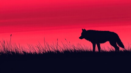 Wolf Silhouette Sunset Prairie Landscape.