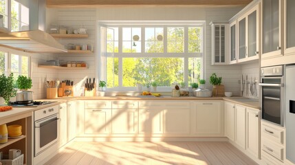 Set of home kitchen appliances in the room with sun light. 3d illustration
