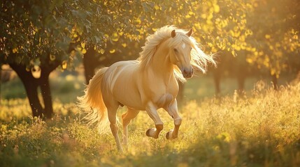 Fototapeta premium A white horse galloping through a vibrant green meadow, perfect for a countryside or nature scene