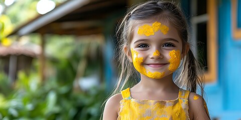 A smiling girl covered in yellow paint is looking directly at the camera