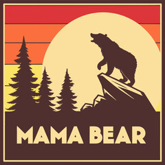 Mama Bear Silhouette in Retro Sunset Landscape Design