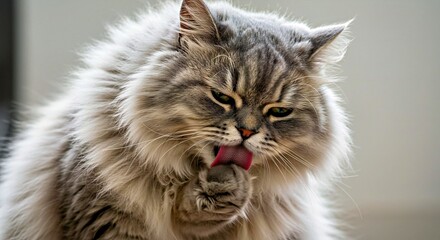 Fototapeta premium A Persian Cat Meticulously Grooming Its Long, Fluffy Fur_