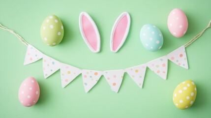 Easter Banner with Bunny Ears and Speckled Eggs on Pastel Green Background