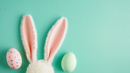 Easter Banner with Bunny Ears and Speckled Eggs on Pastel Green Background