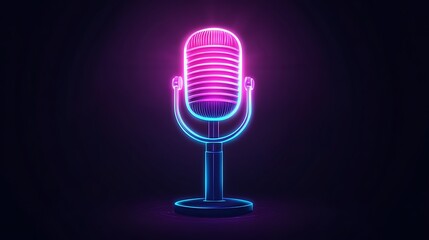 Glowing neon microphone icon in purple and blue with radiant light on dark background

