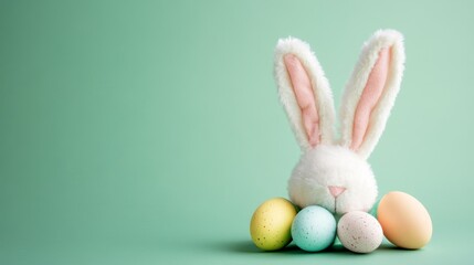 Easter Banner with Bunny Ears and Speckled Eggs on Pastel Green Background