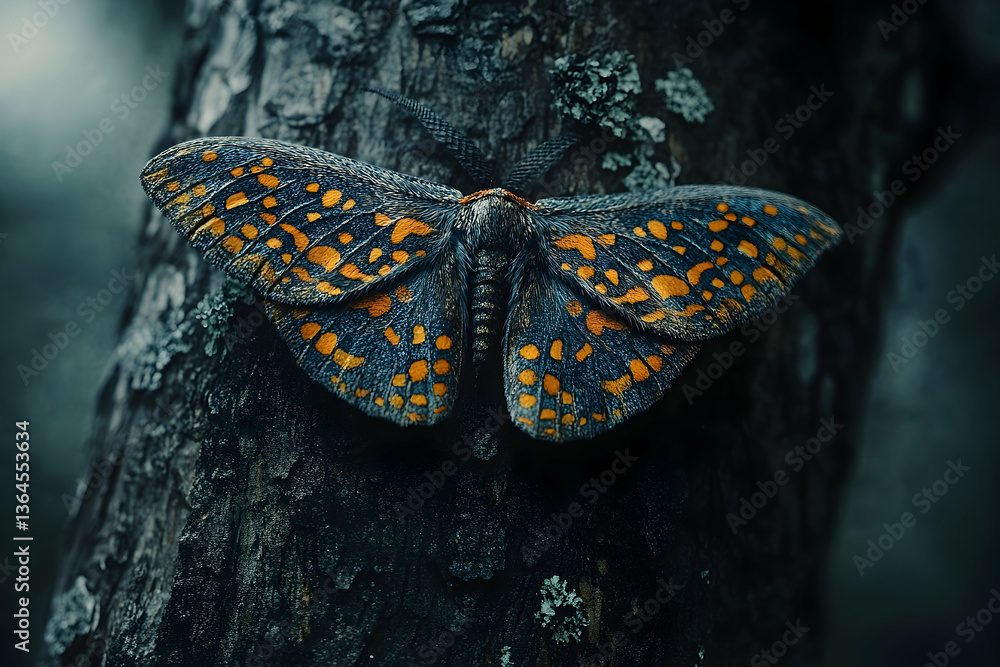 Poster exotic moth resting on tree bark, vibrant colors and intricate patterns