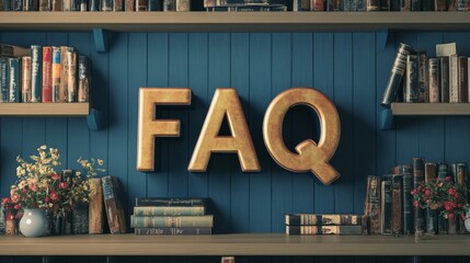 FAQ Frequently asked questions concept. Bookshelf with book in form of letters FAQ isolated on white. 3d illustration
