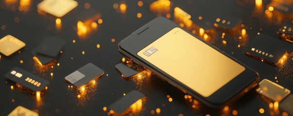 A smartphone and several golden credit cards are displayed on a dark surface, creating a luxurious and modern financial theme.