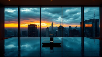 Window view of Manhattan cityscape Buildings from High Rise Window